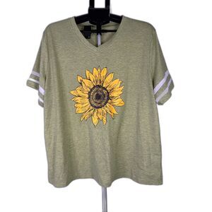 Soft Sage Green Sunflower Graphic Tee – Varsity Stripe Sleeves – Size 2X